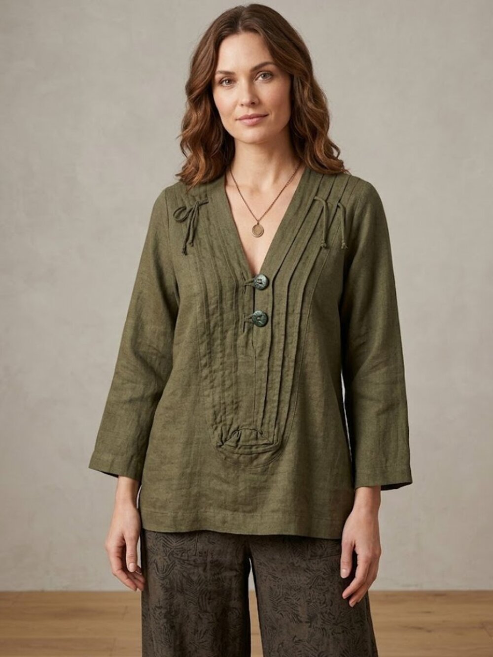 Flaxxx Dark Hunter Green 100% linen BOHO Tunic Top Made in India sz M/L